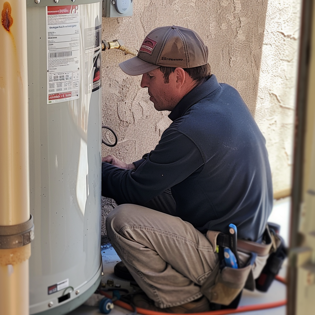 picture of a plumber working on a water heater